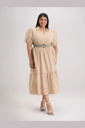 20Dresses Plus size Beige Puff Sleeve Pure Cotton Fit & Flare Midi Dress