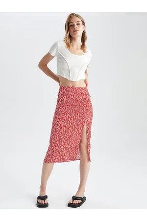 DeFacto Floral Printed Straight Knee Length Skirt With Slit