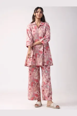 JISORA Pink & Beige Floral Printed Pure Cotton Kurti & Palazzos