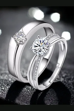 Myki Unisex Set Of 2 Silver-Plated & CZ-Studded Couple Adjustable Finger Rings