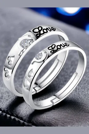 Myki Unisex Set Of 2 Silver-Plated & CZ-Studded Couple Adjustable Finger Rings