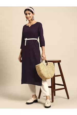 Sangria Women Sequinned Striped Kurta with Belt