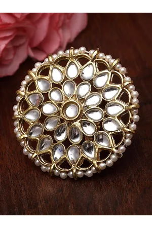 karatcart Gold-Plated Kundan-Studded Pearl Beaded Finger Ring