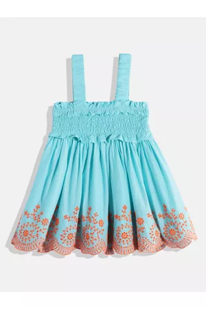 Benetton Girls Cotton Smocked Schiffli Embroidered A-Line Dress