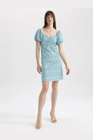 DeFacto Floral Printed Puff Sleeves Ruched A-Line Dress