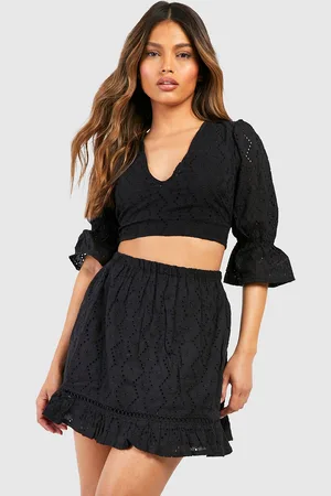 Boohoo Schiffli Styled Back Pure Cotton Crop Top with A-Line Skirt