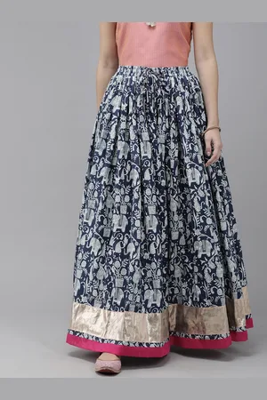 Jaipur Women Navy Blue Printed Flared Cotton Maxi Skirt