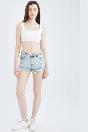 DeFacto Women Washed Distressed Mid-Rise Denim Shorts