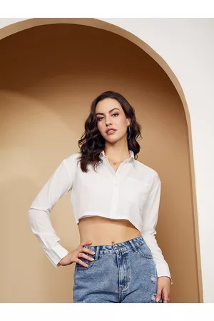 Berrylush White Spread Collar Casual Crop Shirt