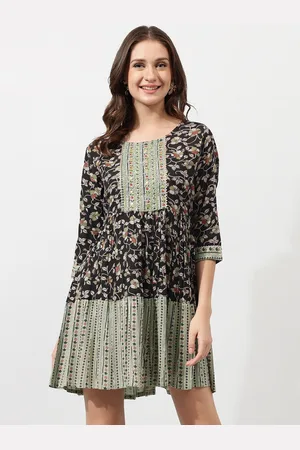 Mirchi Fashion Black & Green Floral Printed Sequinned Midi Ethnic Dress