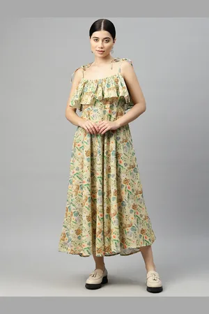 BUTA BUTI Tropical Print Layered A-Line Cotton Midi Dress