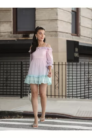 AND Striped Cold-Shoulder Ruffled A-Line Mini Dress