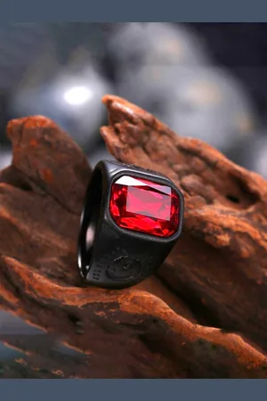 Yellow Chimes Men Black & Red Stainless Steel Rhodium Plated Square Stone Finger Ring