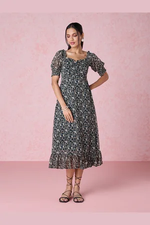 20Dresses Black Floral Print Sweetheart Neck A-Line Midi Dress