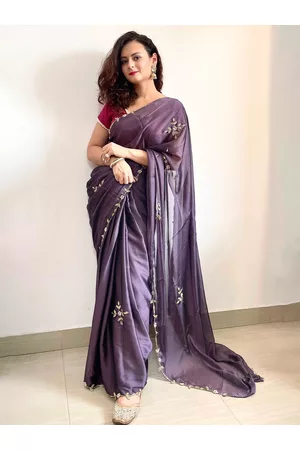 Mitera Lavender & Gold-Toned Embellished Embroidered Saree