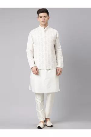 TheEthnic.Co Mandarin Collar Art Silk Kurta & Pyjamas With Embroidered Nehru jacket