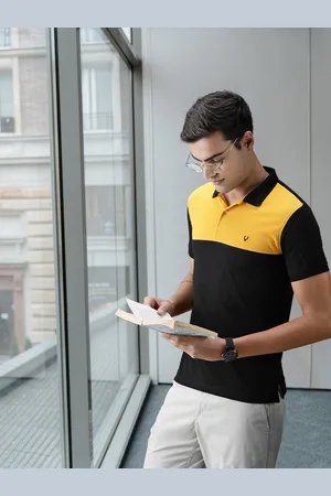 Allen Solly Men Black Colourblocked Polo Collar Pure Cotton T-shirt