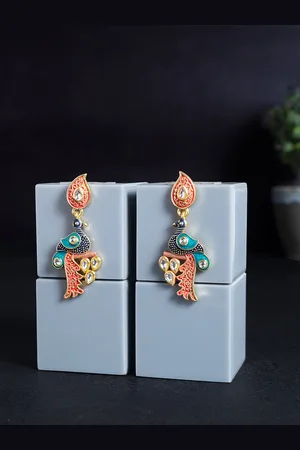 Golden Peacock Orange & Navy Blue Peacock Shaped Drop Earrings