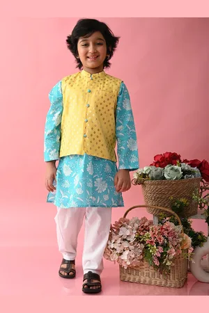 SAKA DESIGNS Boys Ethnic Motifs Printed Pure Cotton Kurta With Pyjamas & Jacket