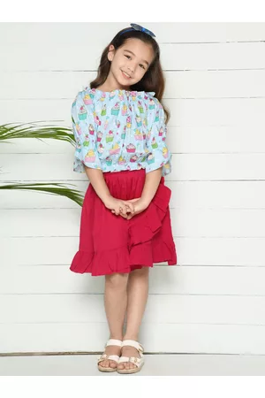 LilPicks Girls Turquoise Blue & Red Printed Top with Skirt