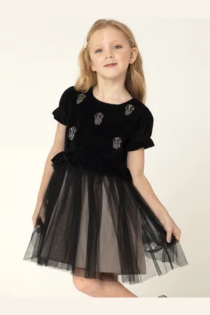 Cherry Crumble Girls Black & Beige Embellished Velvet Finish Fit & Flare Dress