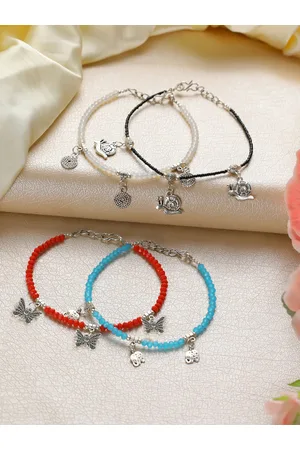 Jazz and Sizzle Women Set Of 4 Silver-Toned Black And White beaded Anklets