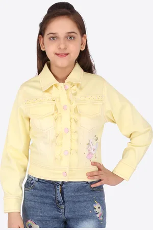 CUTECUMBER Girls Yellow Crop Denim Ruffle Jacket with Patchwork