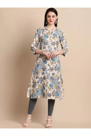 Pistaa Floral Printed Mandarin Collar Roll-up sleeves Panelled straight Kurta