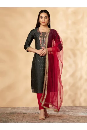 IMARA Geometric Printed Thread Work Chanderi Cotton Kurta & Trousers With Dupatta