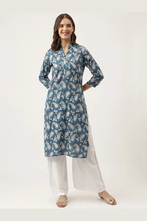 Divena World Paisley Printed Mandarin Collar Indigo Cotton Straight Kurta