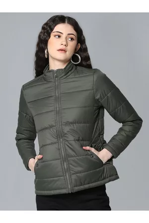 Flying Machine Women Green Solid Lightweight Padded Jacket