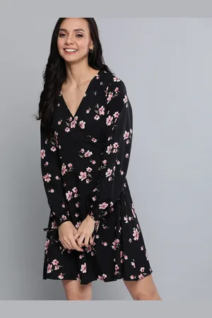 Mast & Harbour Black & Pink Floral Print Wrap Dress