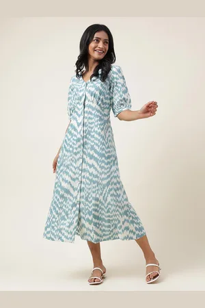 Fabindia Abstract Printed V-Neck Puff Sleeves Cotton A-Line Midi Dress