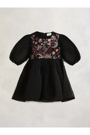 Cherry Crumble Girls Black Floral Embroidered Net Fit & Flare Dress