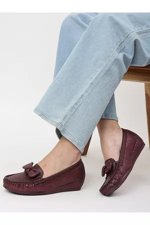 Marc Loire Women Burgendy Embellished Wedge Loafers With Bows