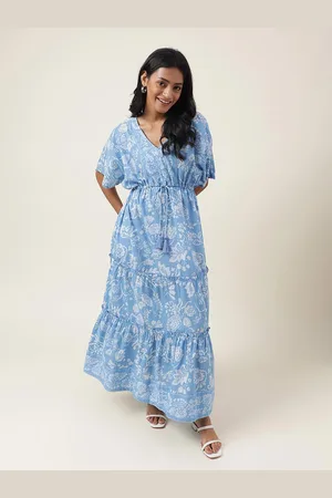 Fabindia Floral Printed V-Neck Tiered Cotton Maxi Dress