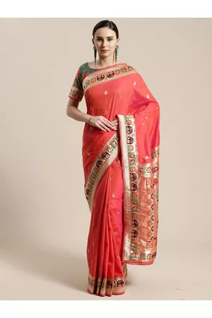 Kalini Peach-Coloured & Gold-Toned Floral Zari Silk Blend Saree
