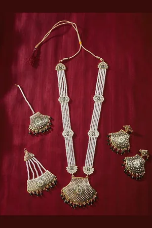 The Pari Gold-Plated Long Pearl Jadau work & Stone-studded Necklace Jewellery Set