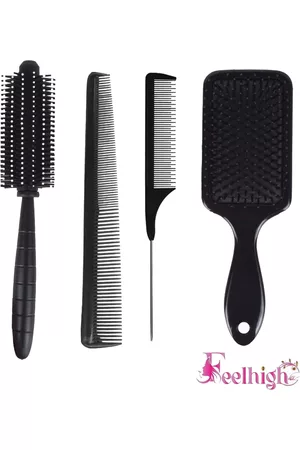 FEELHIGH Set Of 4 Carbon Fiber Barber Hair Cutting Styling Brush & Combs - Black