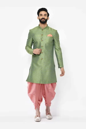 KISAH Men Green Printed Cotton Indowestern Sherwani Set