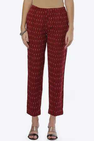 Biba Women Maroon Striped Smart Straight Fit Cotton Trouser