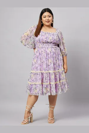Antheaa Plus Size Floral Printed Puff Sleeve Smocked Tiered Fit & Flare Midi Dress