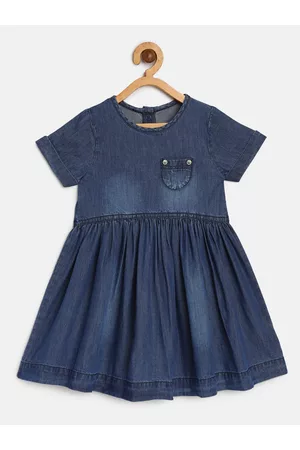 Mothercare Girls Navy Blue Washed Denim Pure Cotton A-Line Dress