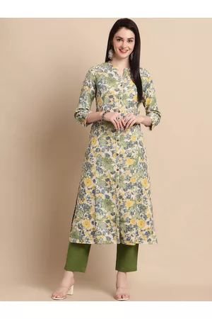 Pistaa Floral Printed Mandarin Collar Roll-up sleeves Panelled straight Kurta