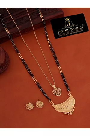 JEWEL WORLD Set Of 2 Gold-Plated Stone-Studded Beaded Mangalsutra With Earrings