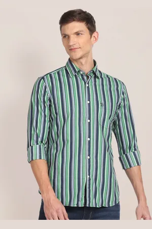 U.S. Polo Assn. Men Green & Blue Tailored Fit Striped Cotton Casual Shirt