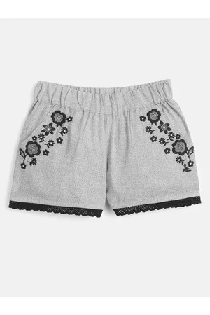 Cherry Crumble Girls Grey & Black Floral Embroidered Lace Detail Cotton Regular Fit Shorts