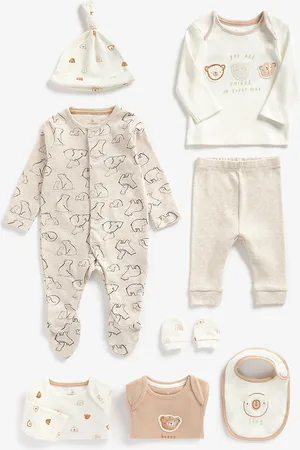 Mothercare Infant Unisex Off-White & Beige Printed Organic Cotton 8 Pcs. Gift Clothing Set