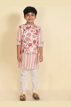 LIL PITAARA Boys Floral Printed Regular Pure Cotton Kurta With Pyjamas & Nehru Jacket