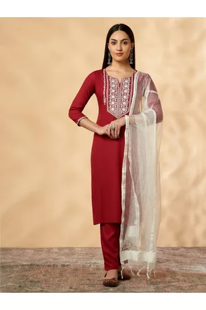 IMARA Floral Yoke Design Regular Thread Work Kurta with Trousers & With Dupatta